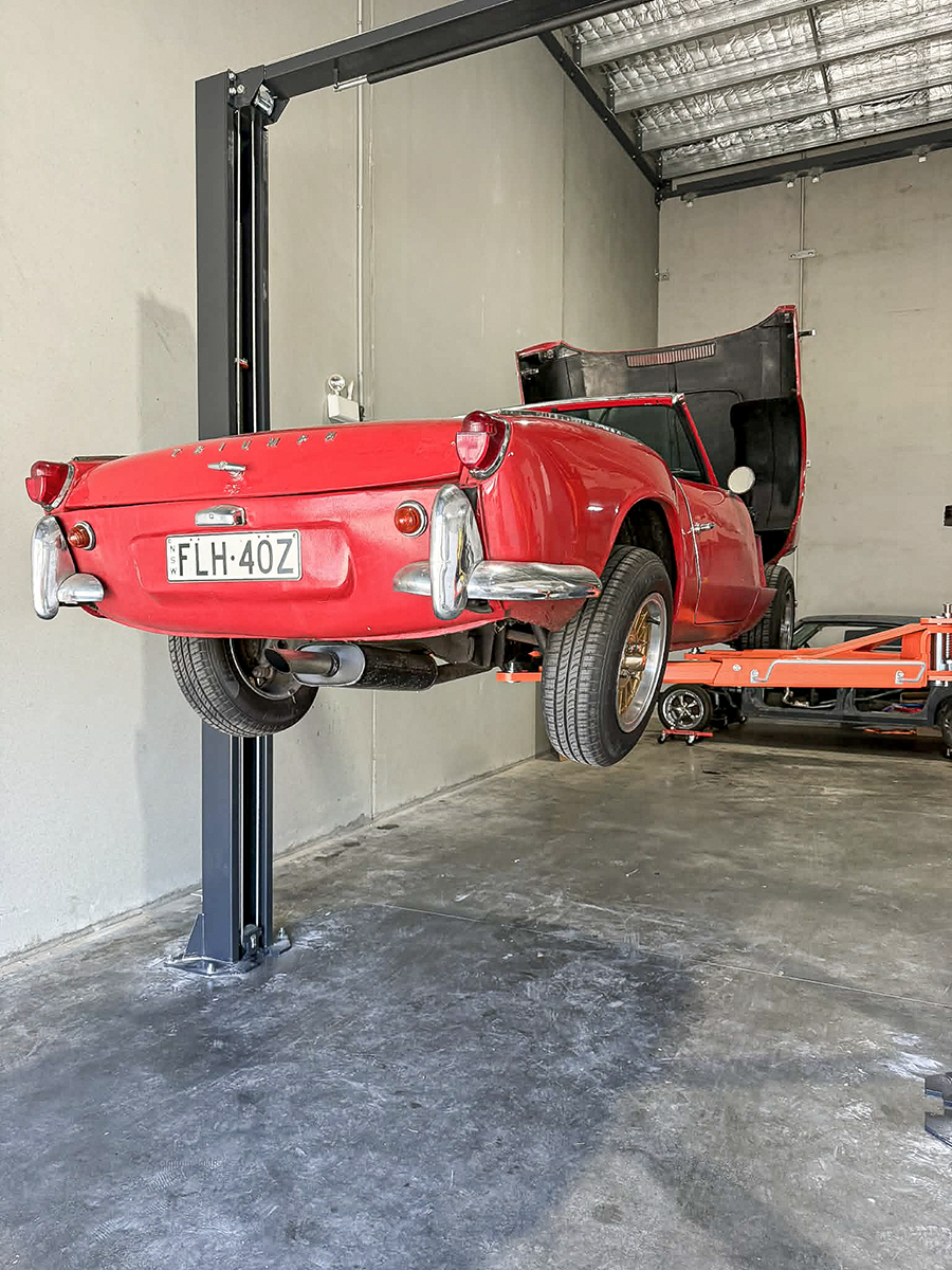 A classic Triumph in the hoist area.